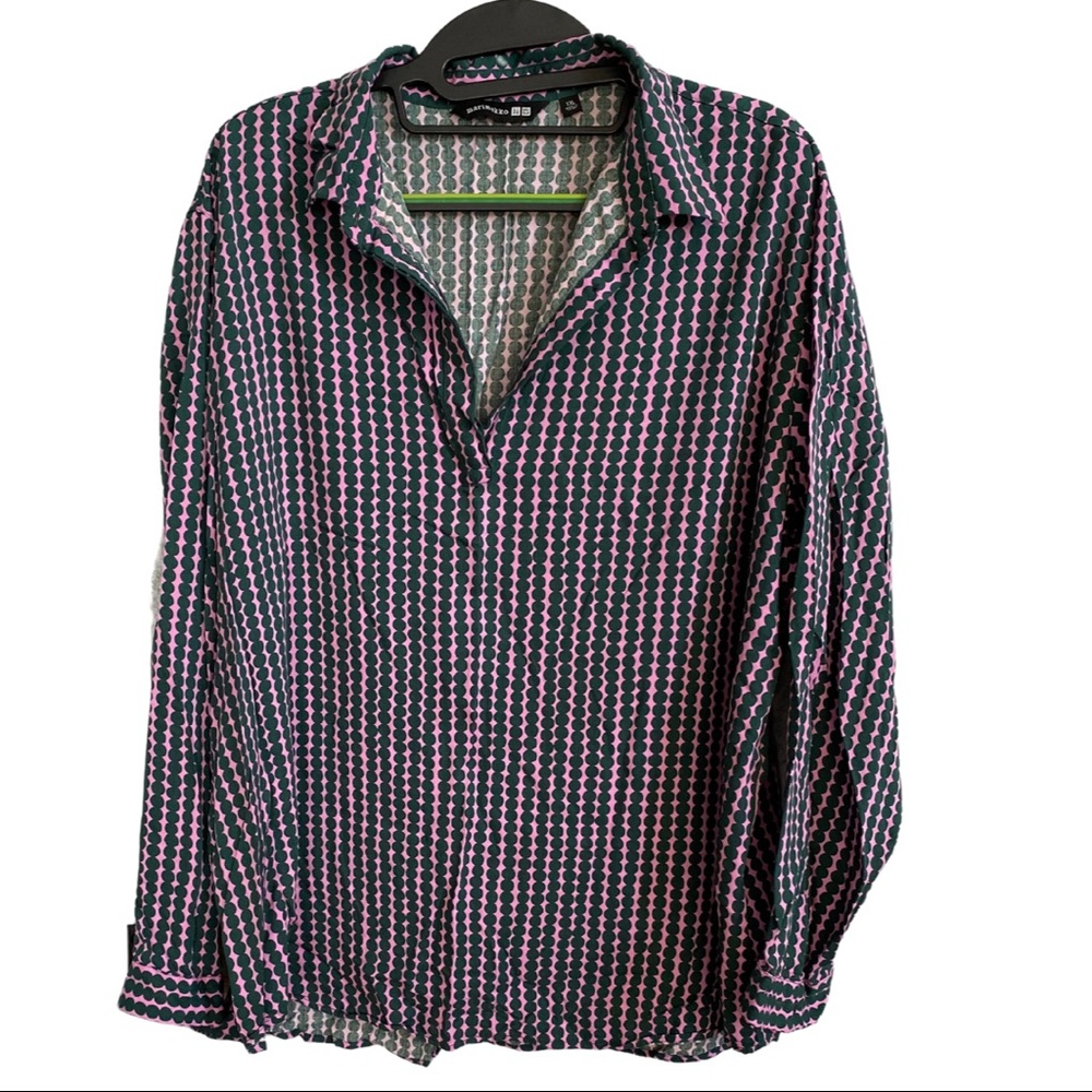 Uniqlo x Marimekko Pink and Green Graphic Print Long Sleeve Blouse XXL